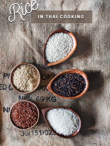 different types of Thai rice in small wooden bowl on the table.