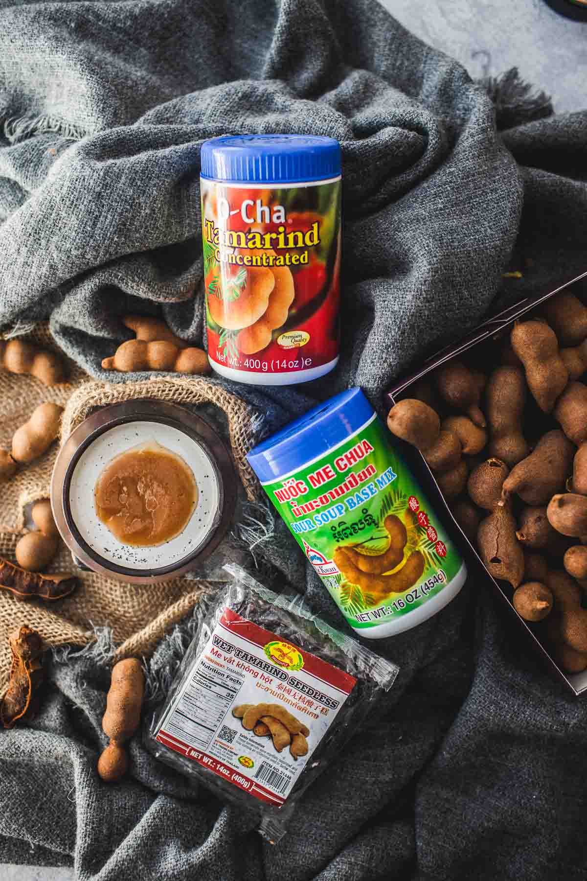 tamarind concentrate, paste and on a table.