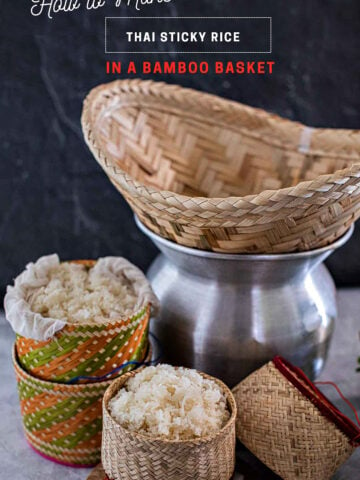 Thai sticky rice cooked in bamboo baskets in the street of Thailand.