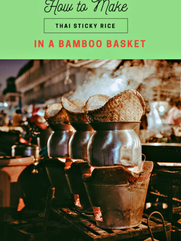 Thai sticky rice cooked in bamboo baskets in the street of Thailand.
