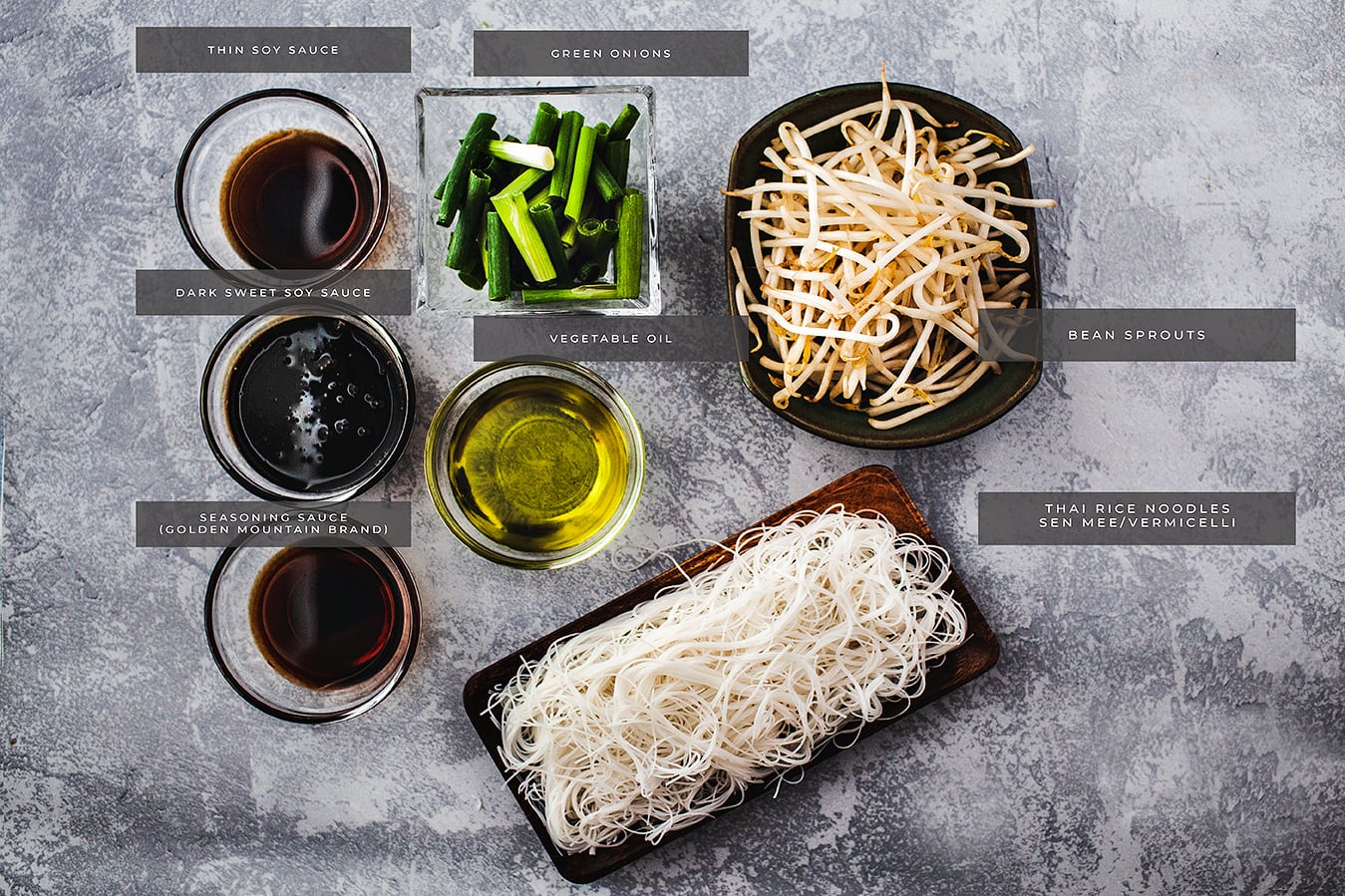 Pad Mee ingredient list on a counter