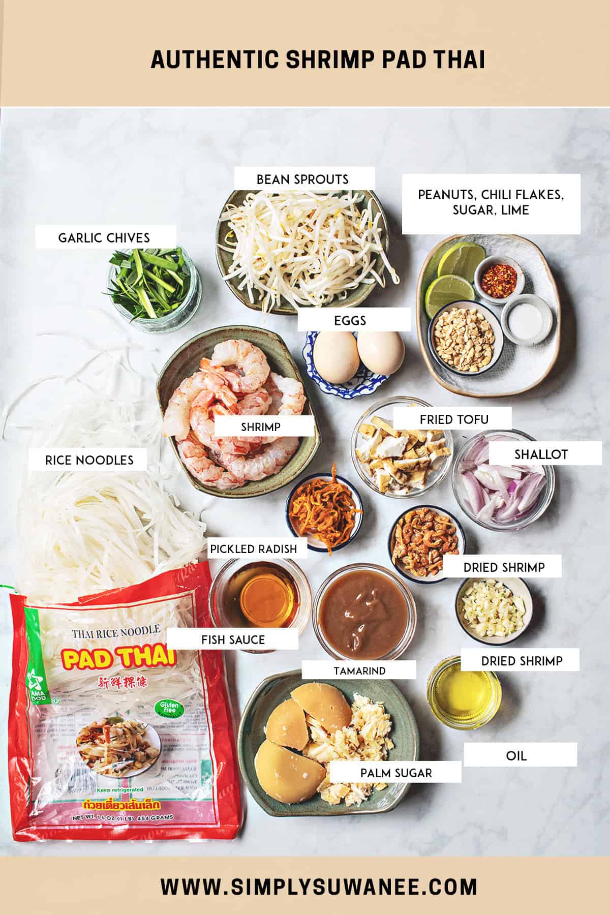 Labeled Pad Thai ingredients on a table. 