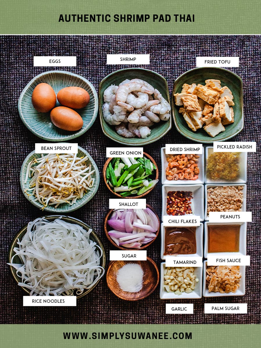 pad thai ingredients with label on a table