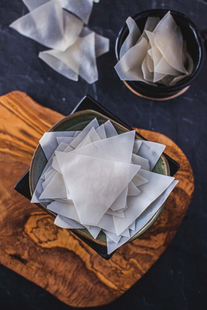 traingular noodle flakes in a bowl.
