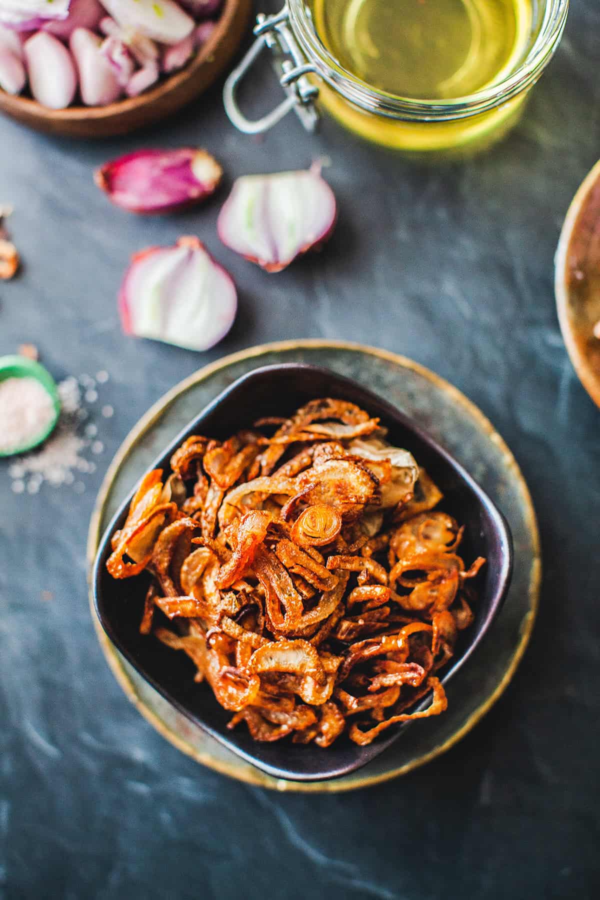 Crispy fried shallots on a table.