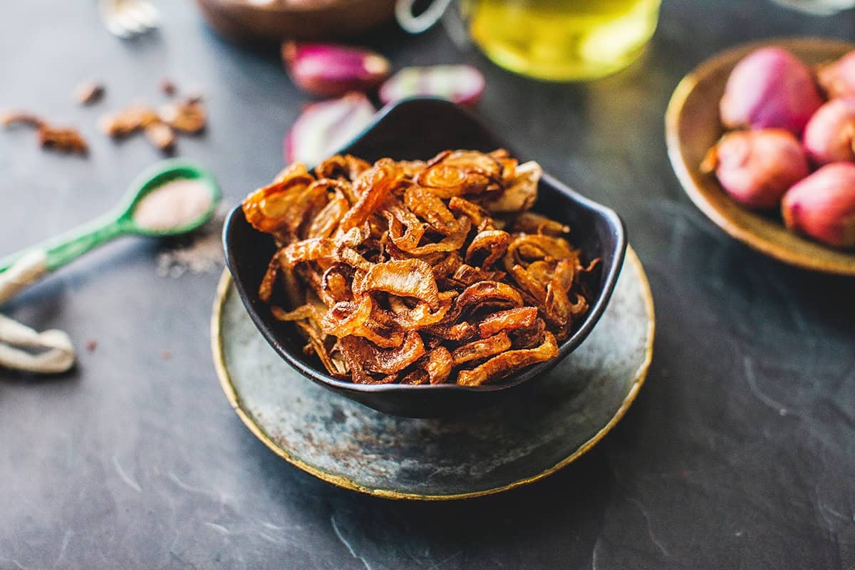 Thai fried shallots in a bowl.