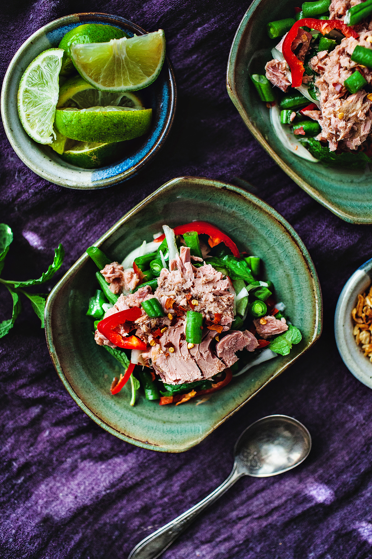 Thai canned tuna salad in a bowl on a table. 