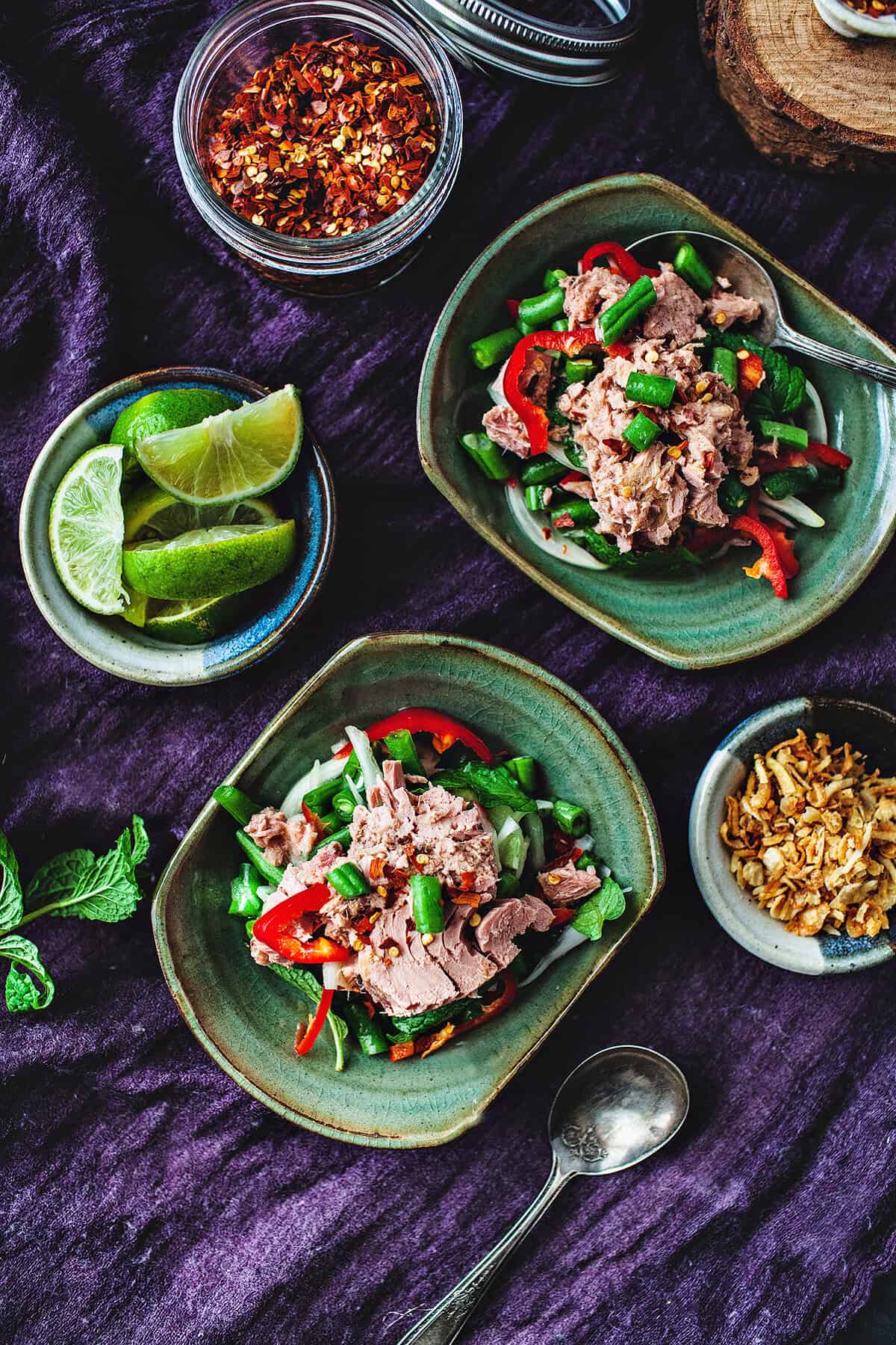 Thai Yum tuna salad on plates on a table. 