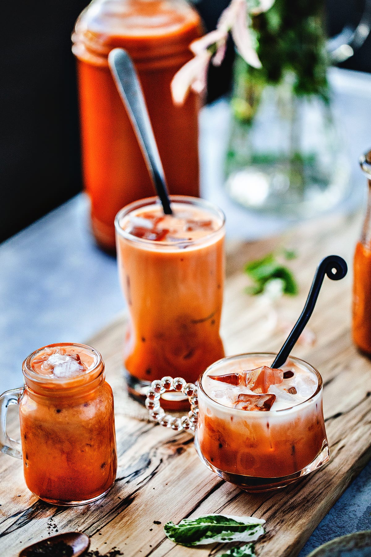 Thai iced tea in glasses on the table.