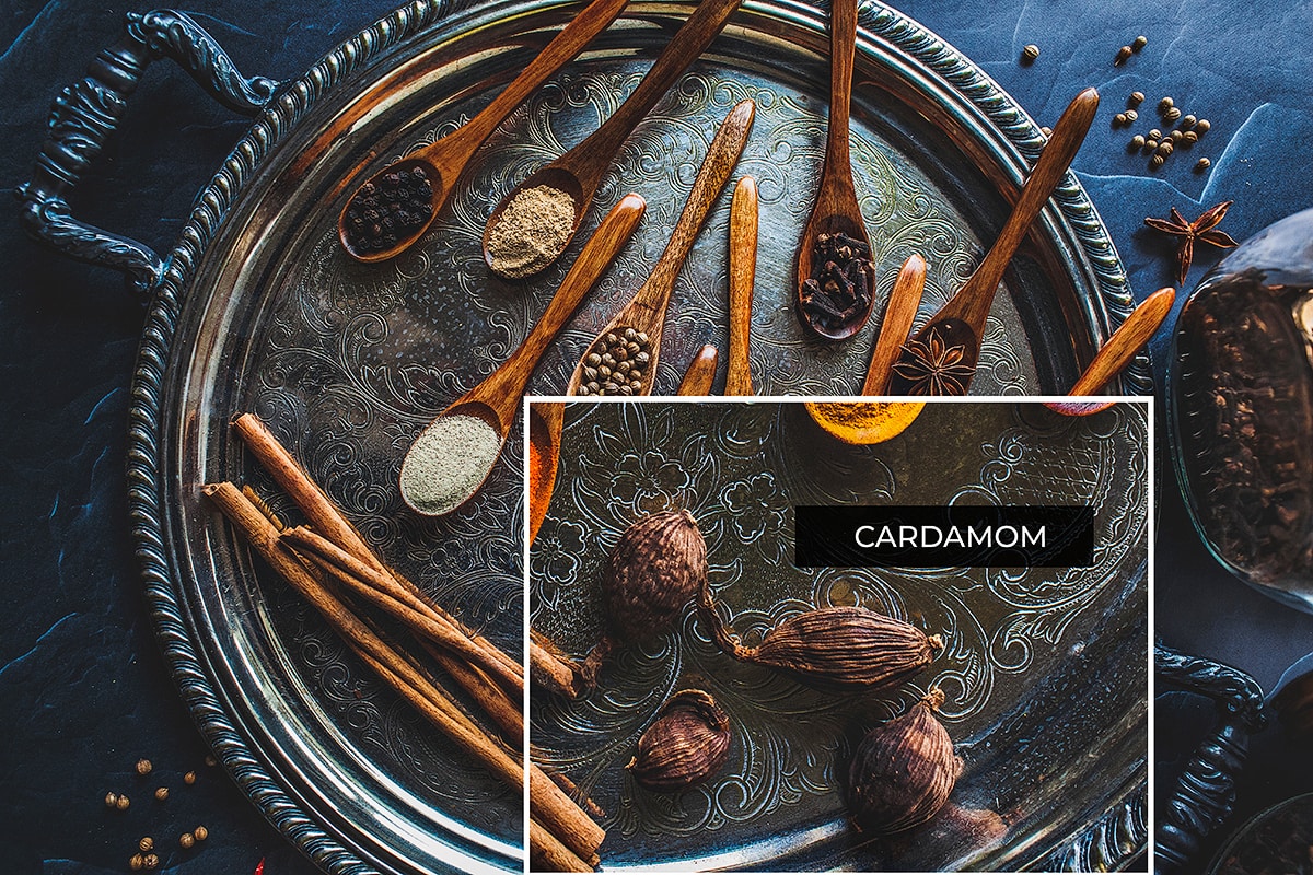 Cardamom on a stray with other spices.