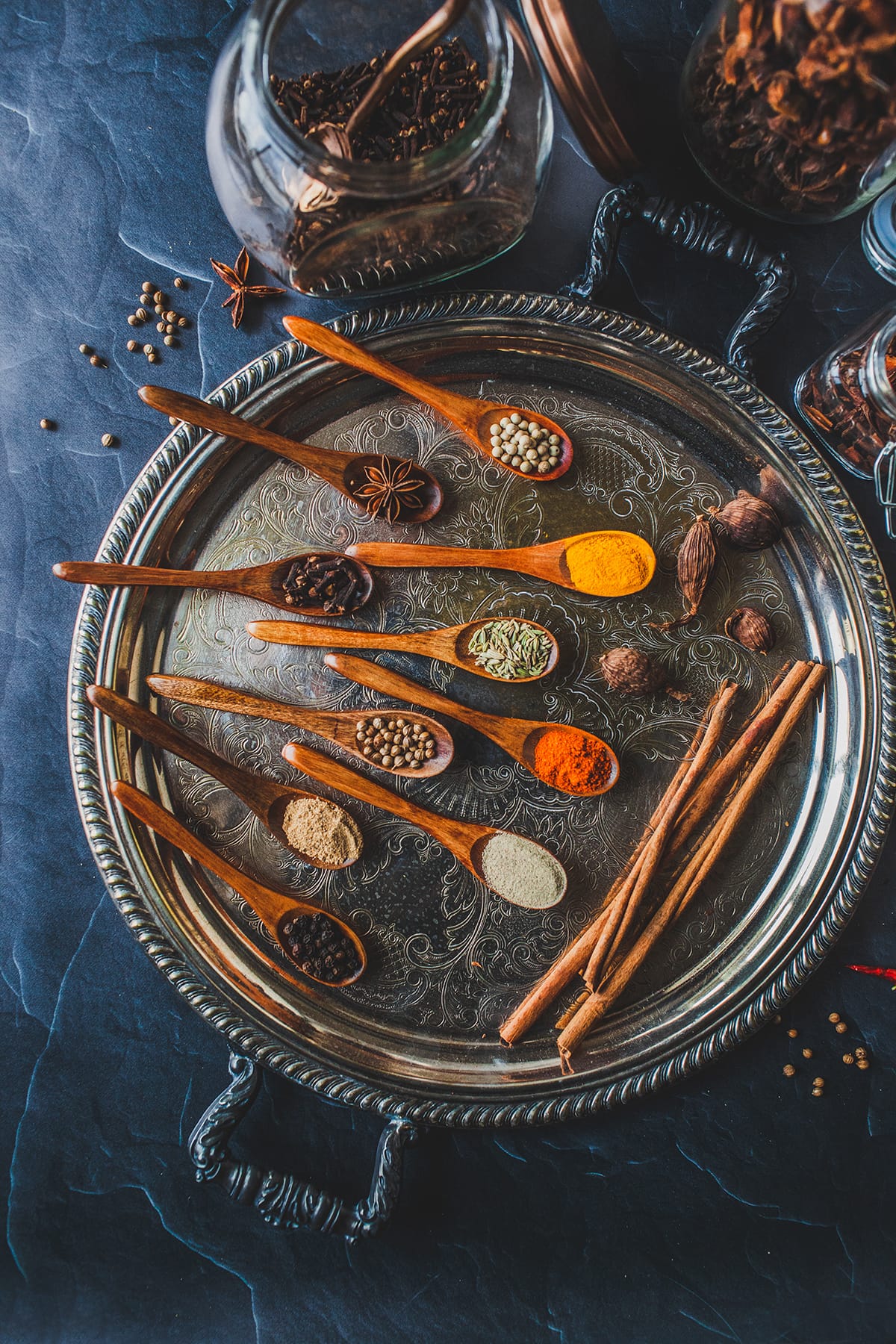 Various spices on a tray.