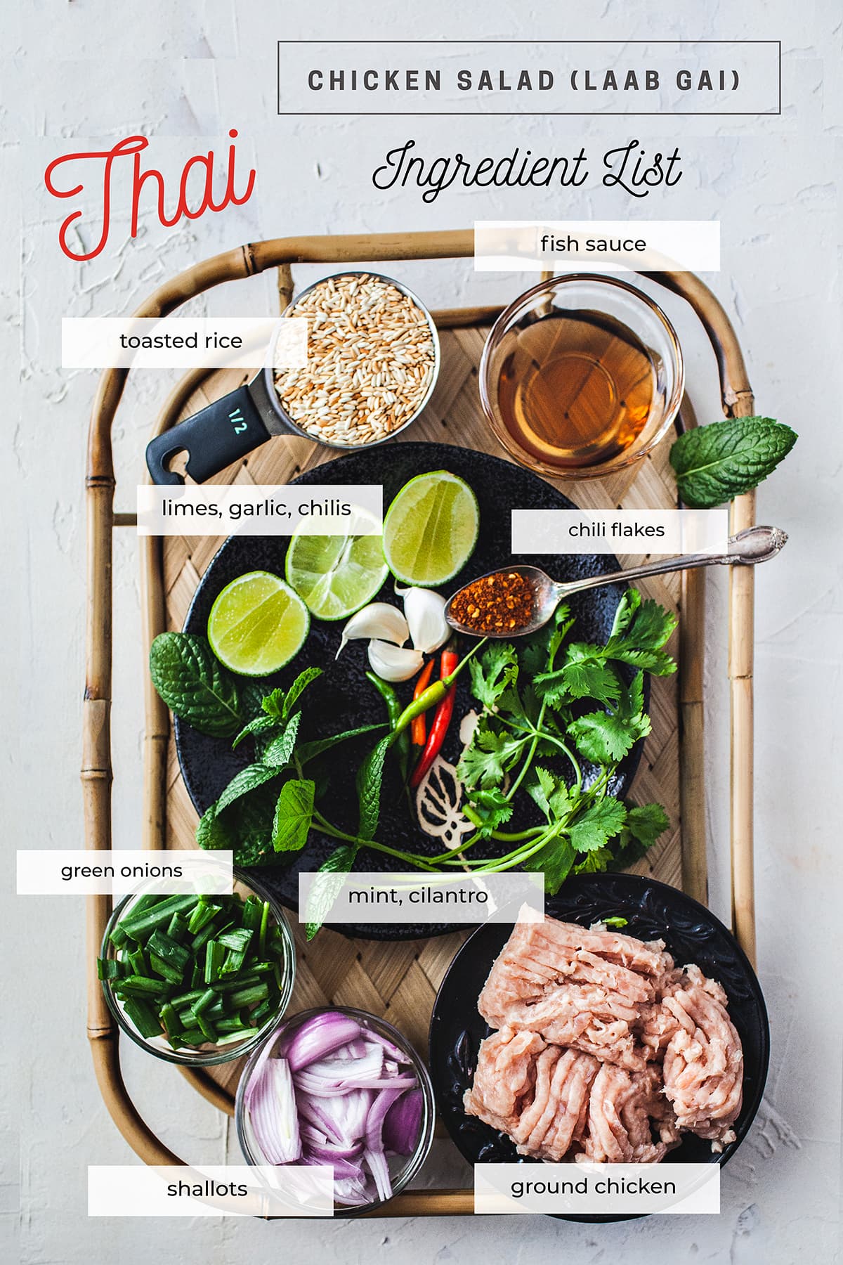 authentic Laab gai ingredients on a table.