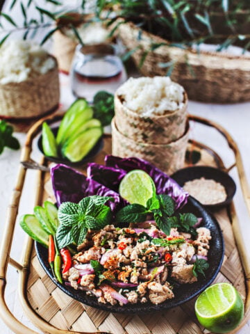 Thai laab Gai on a tray with sticky rice and herbs garnishes.