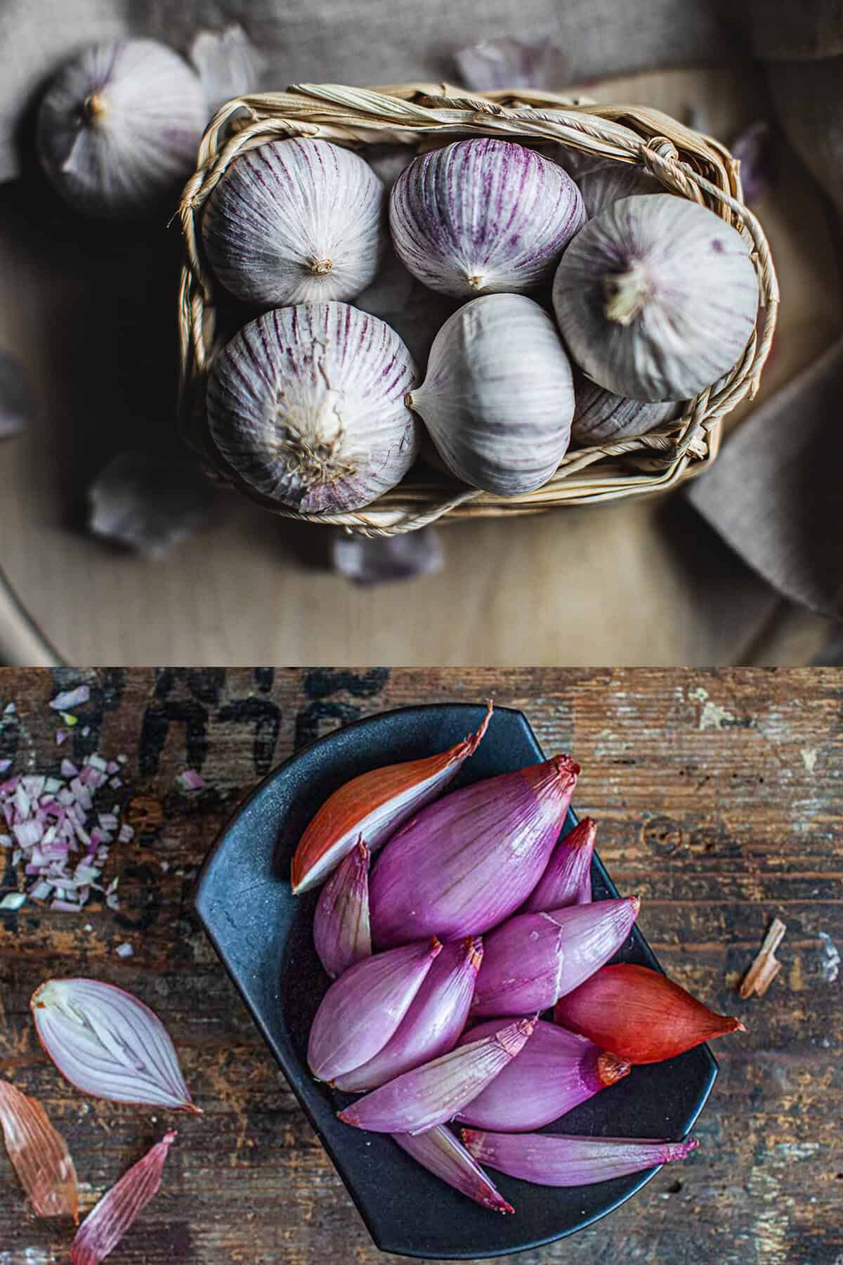 Garlic and shallots in a collage.