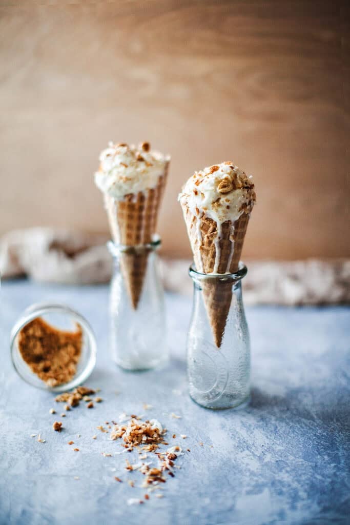 Thai coconut ice cream with 2 cones. 