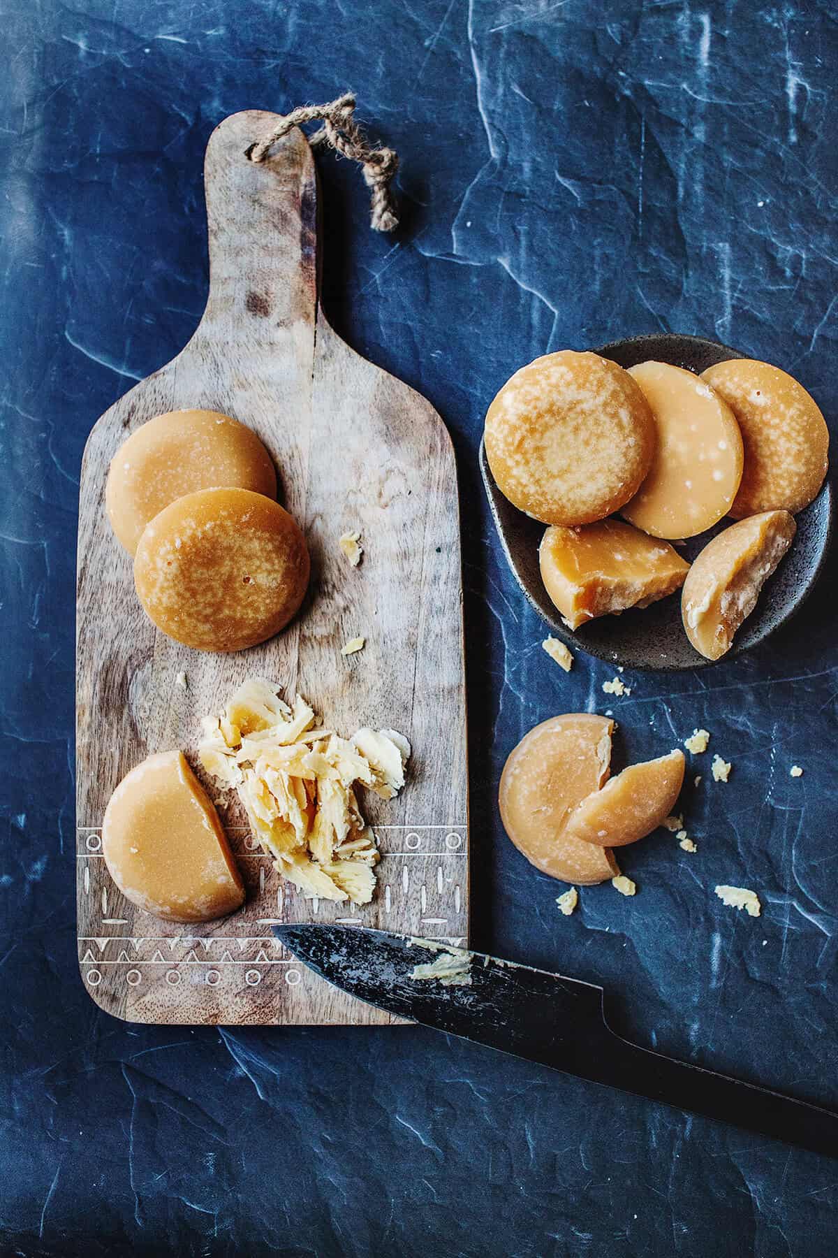 Palm sugar on a cutting board