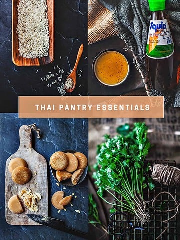 Thai pantry ingredients in a 4 image collage.