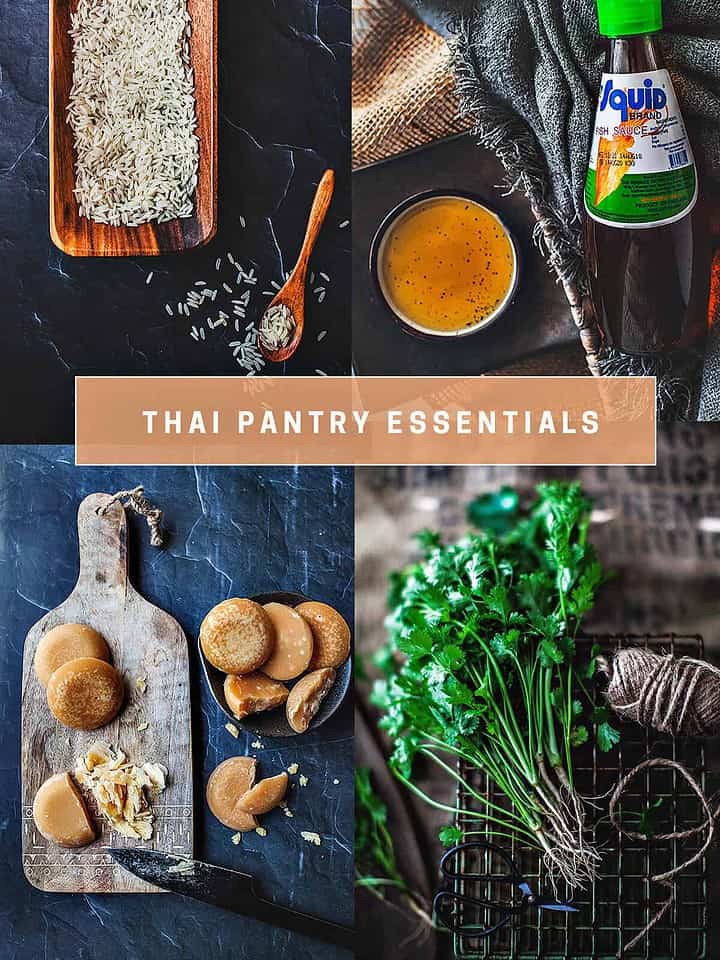 Thai pantry ingredients in a 4 image collage.