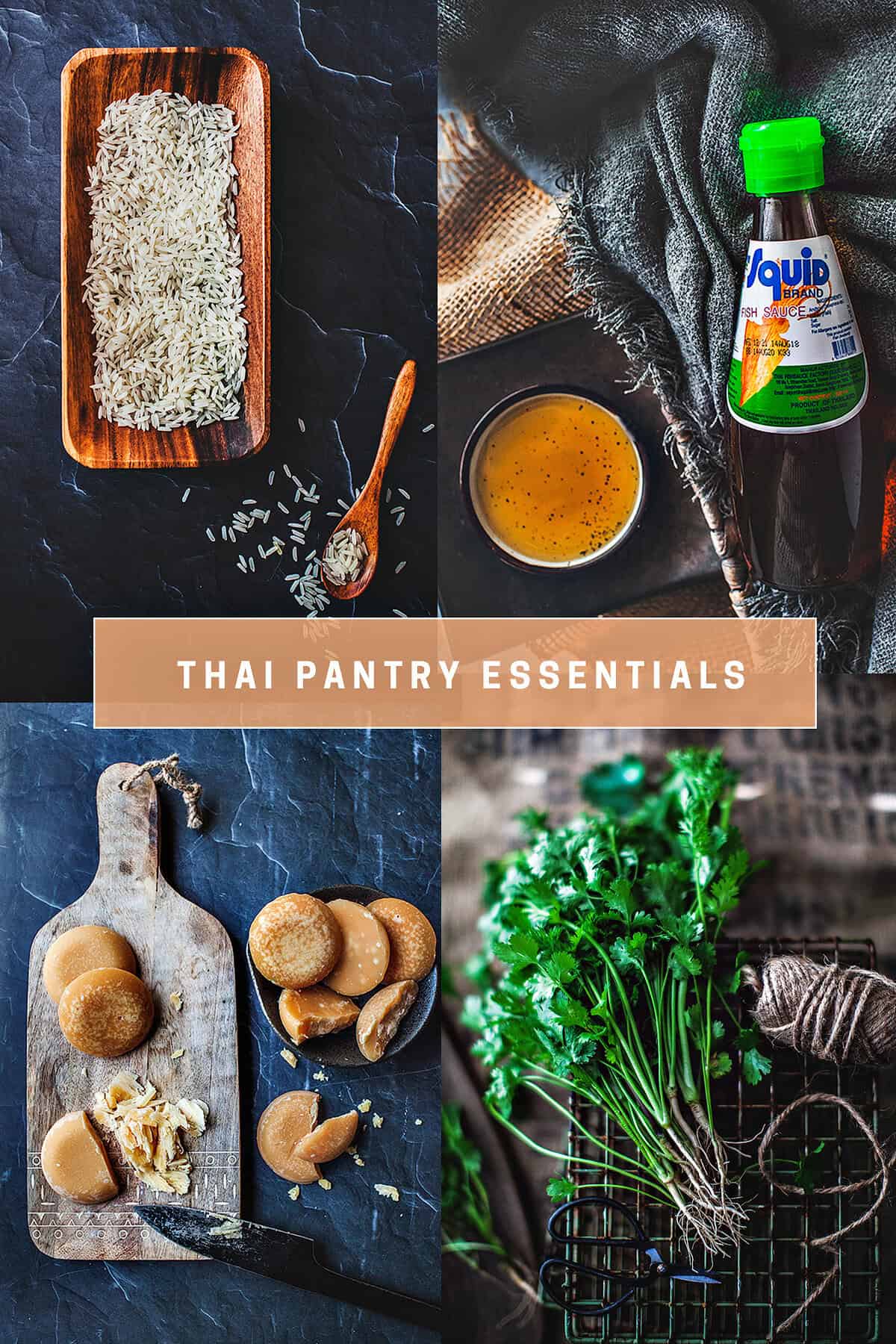 Thai pantry ingredients in a 4 image collage.
