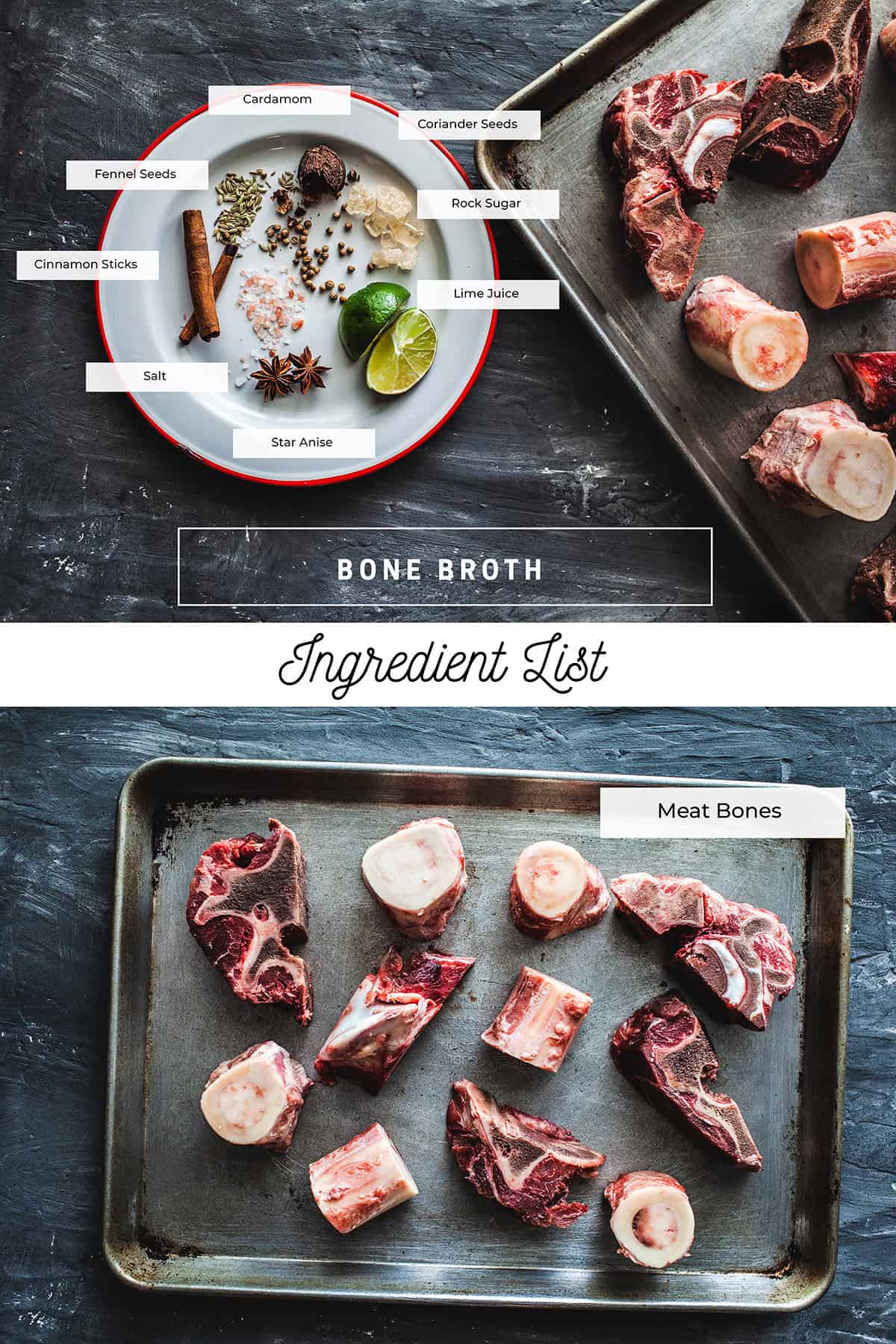 Ingredients for beef bone broth on the table. 
