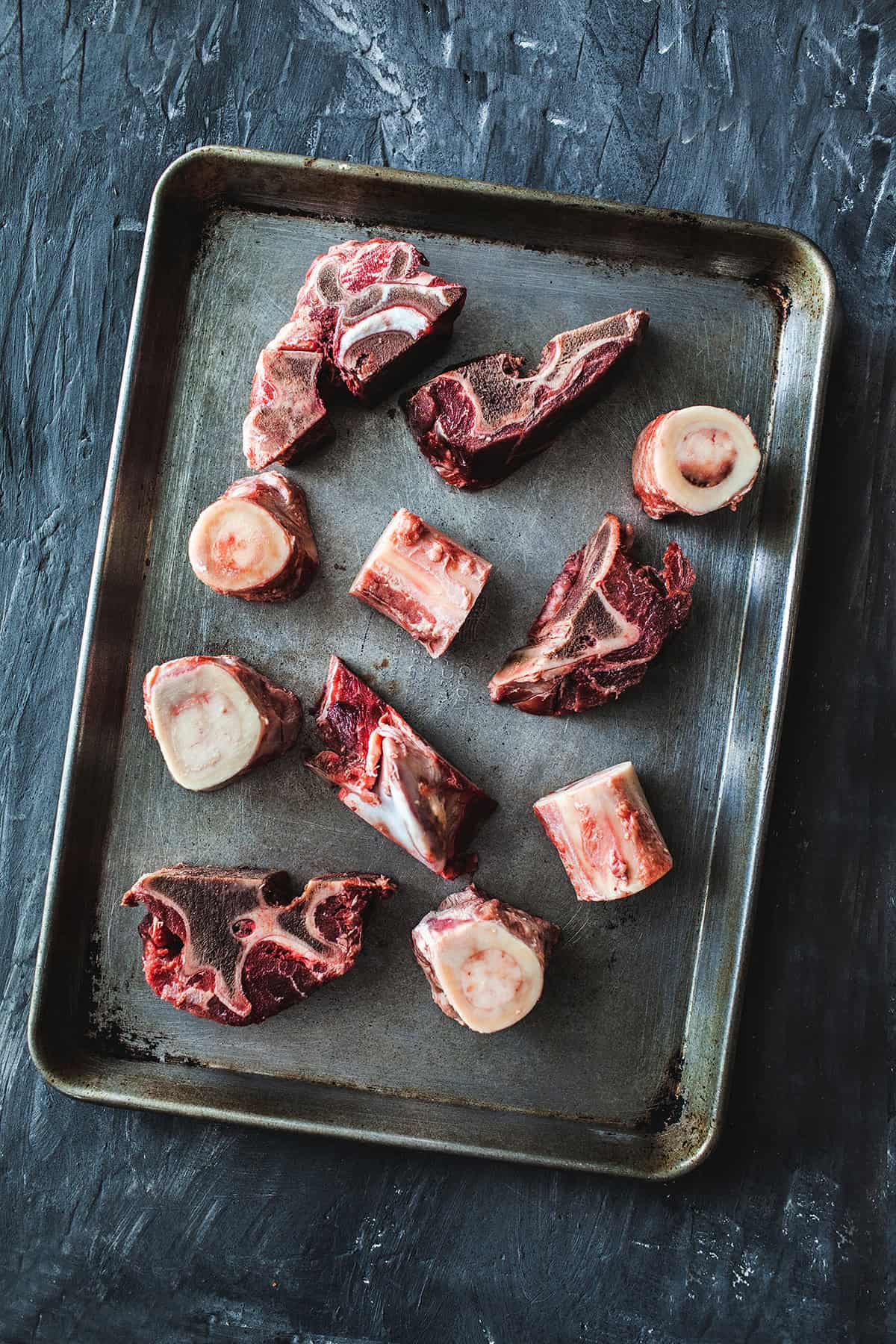 Beef bones on a sheet pan.