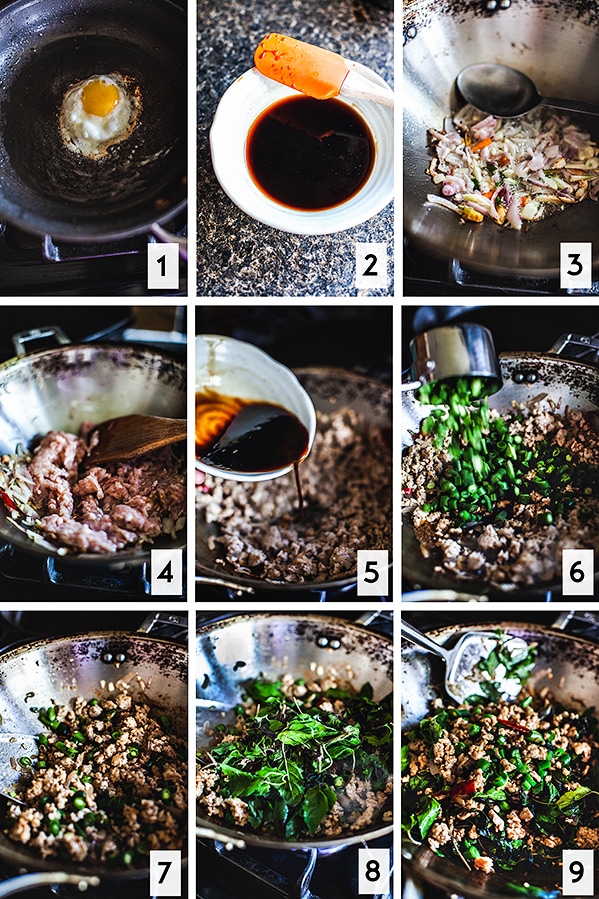step by step photos, 1-9, on how to make thai basil chicken 