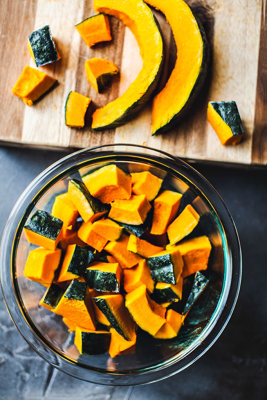 cubed Kabocha squash in a glass bowl.