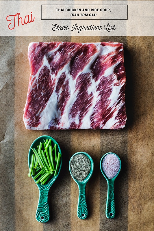 Thai Rice Soup ingredient list, spareribs, cilantro stems, salt, Thai ground white peppercorn