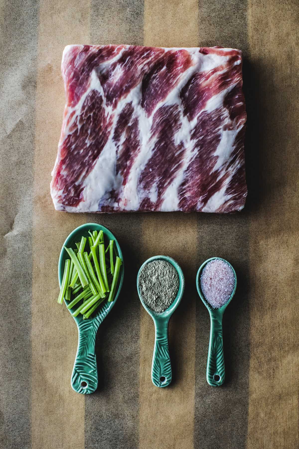 ribs and herbs for making Thai rice soup stock on the table. 