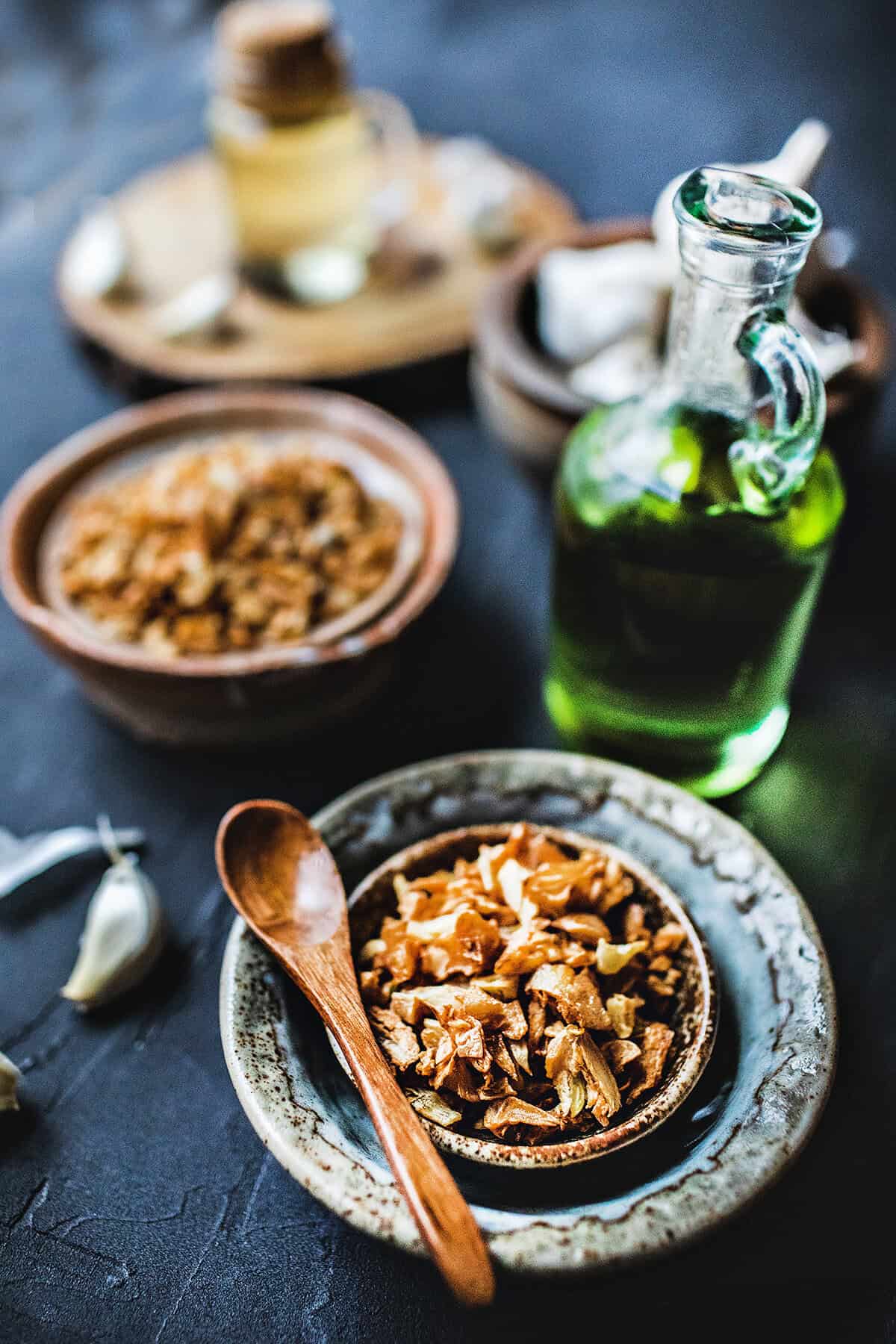 crispy fried garlic on bowl.