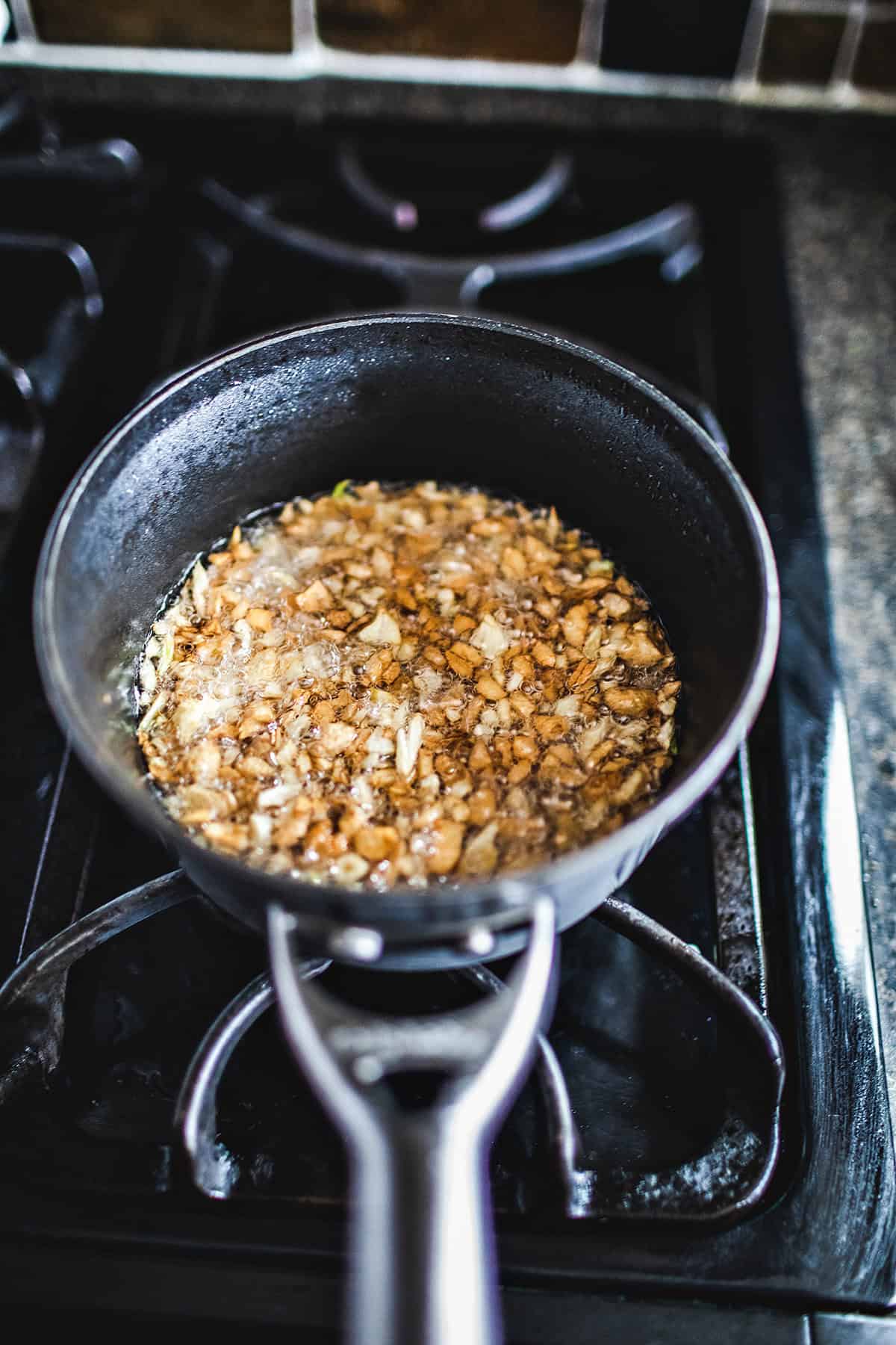 Fried garlic in a pot. 