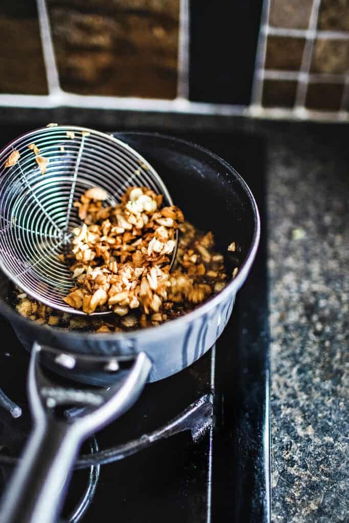 Fried garlic in a pot. 