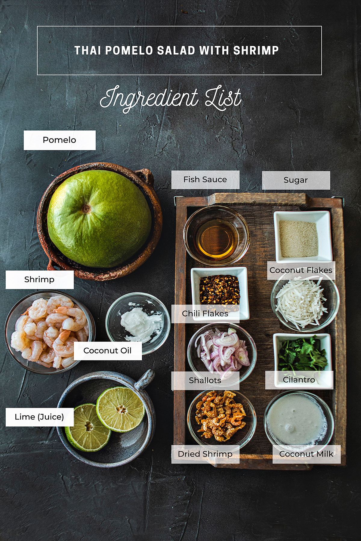 Thai pomelo salad ingredients on a table. 