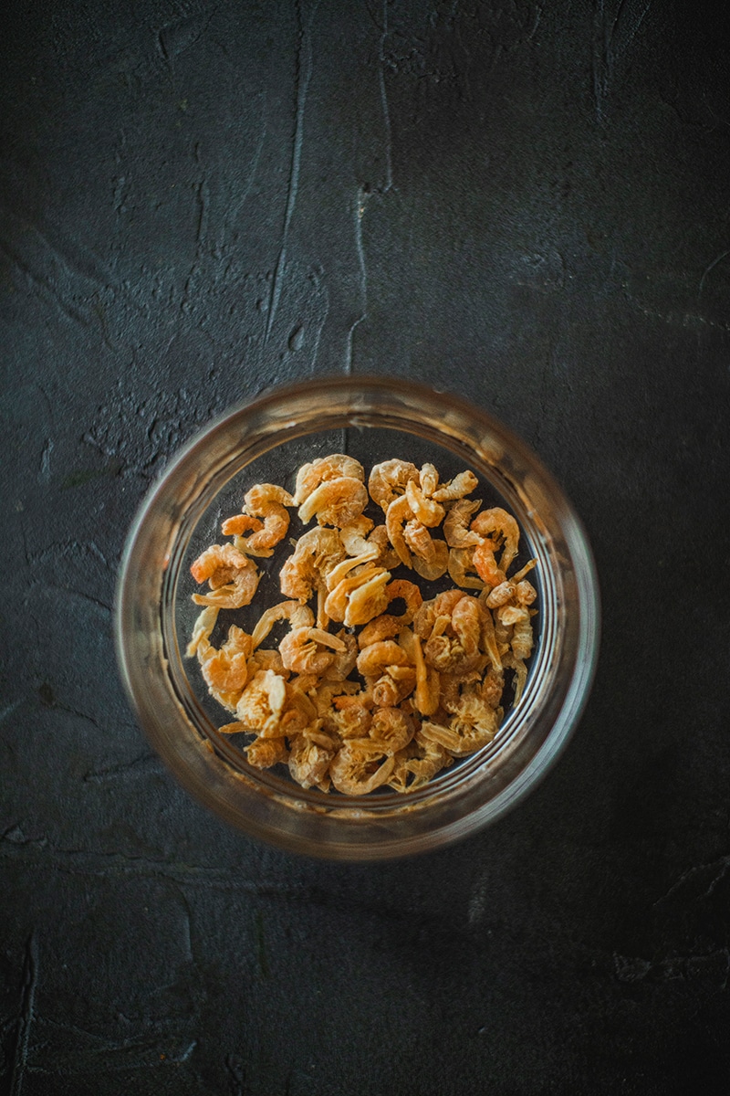 Dried shrimp soaked in bowl of water