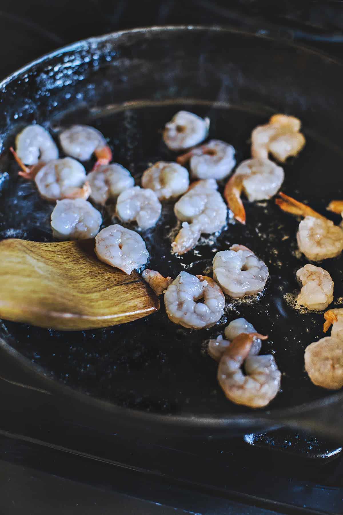 Shrimp frying in a pan.