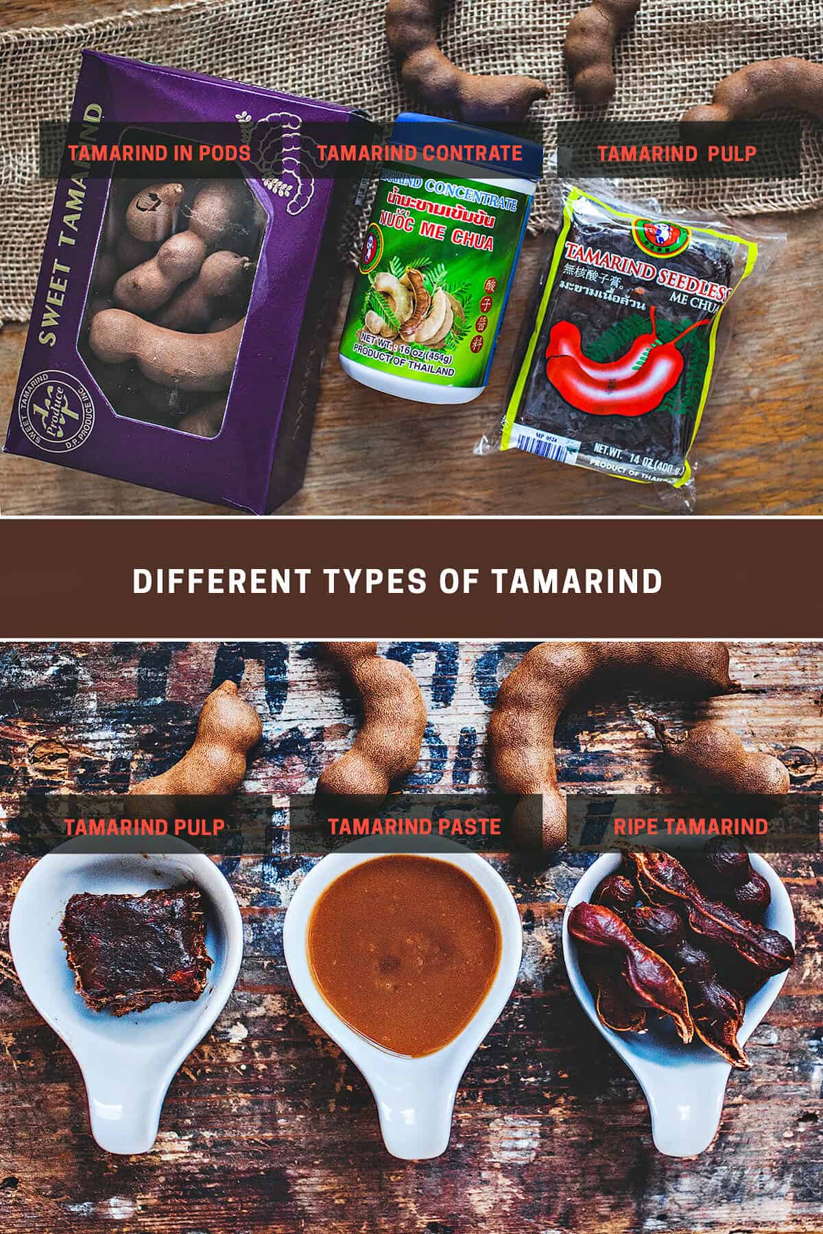 different types of tamarind in a collage.