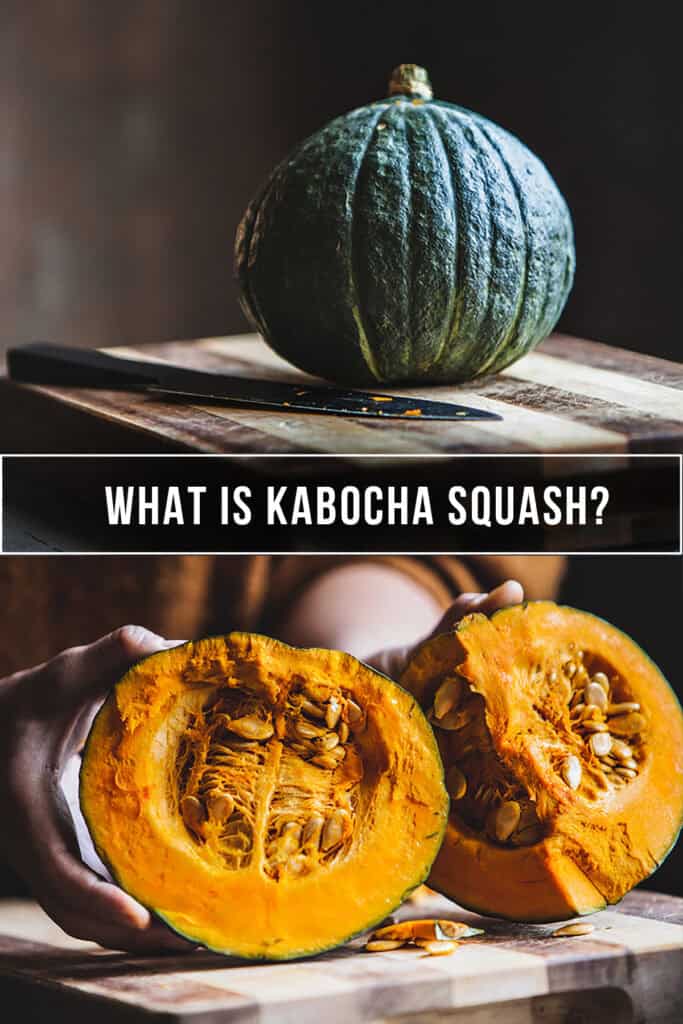 1 whole and Chopped kabocha squash on a cutting board with a hand holding half cut squash. 