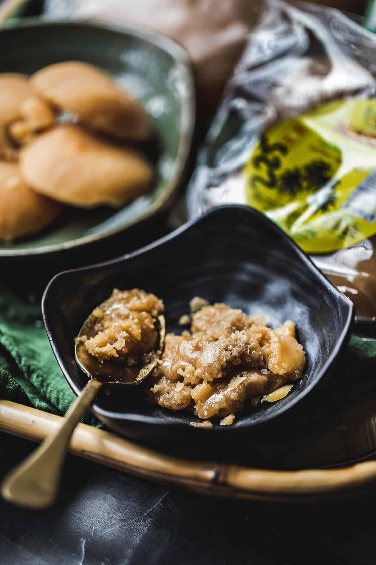 Shaved palm sugar in a bowl. 