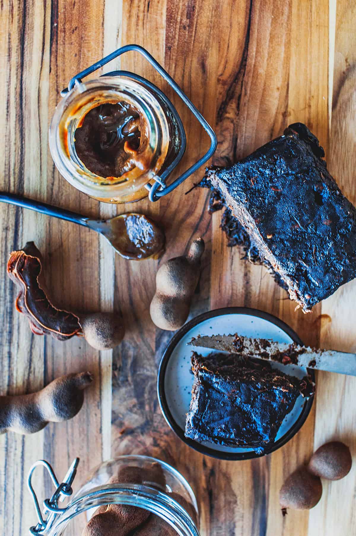 tamarind paste and sauce on a table. 