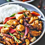 Thai cashew chicken in a platter on the table.