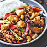Thai cashew chicken in a platter on the table.