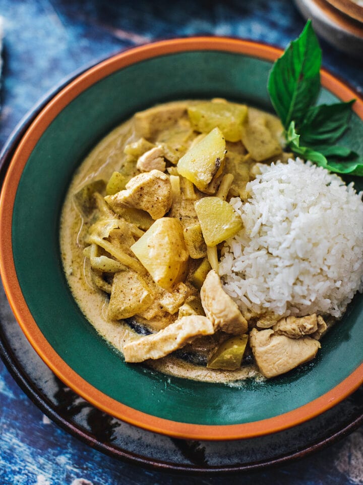yellow curry with jasmine rice on the side