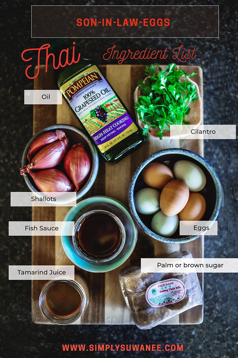 Thai Son-in-Law Eggs is a simple recipe that uses hard-boiled eggs, deep-fried until the skin is golden brown, then served with a perfectly balanced dressing made from tamarind juice, fish sauce, and palm sugar. #soninlaweggs #easythairecipe #padthaisauce