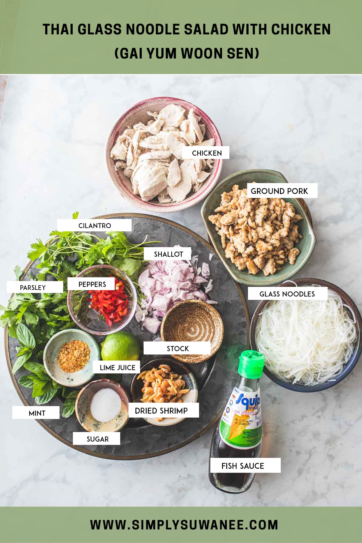 Ingredients for Yum Woon Sen salad on a counter. 