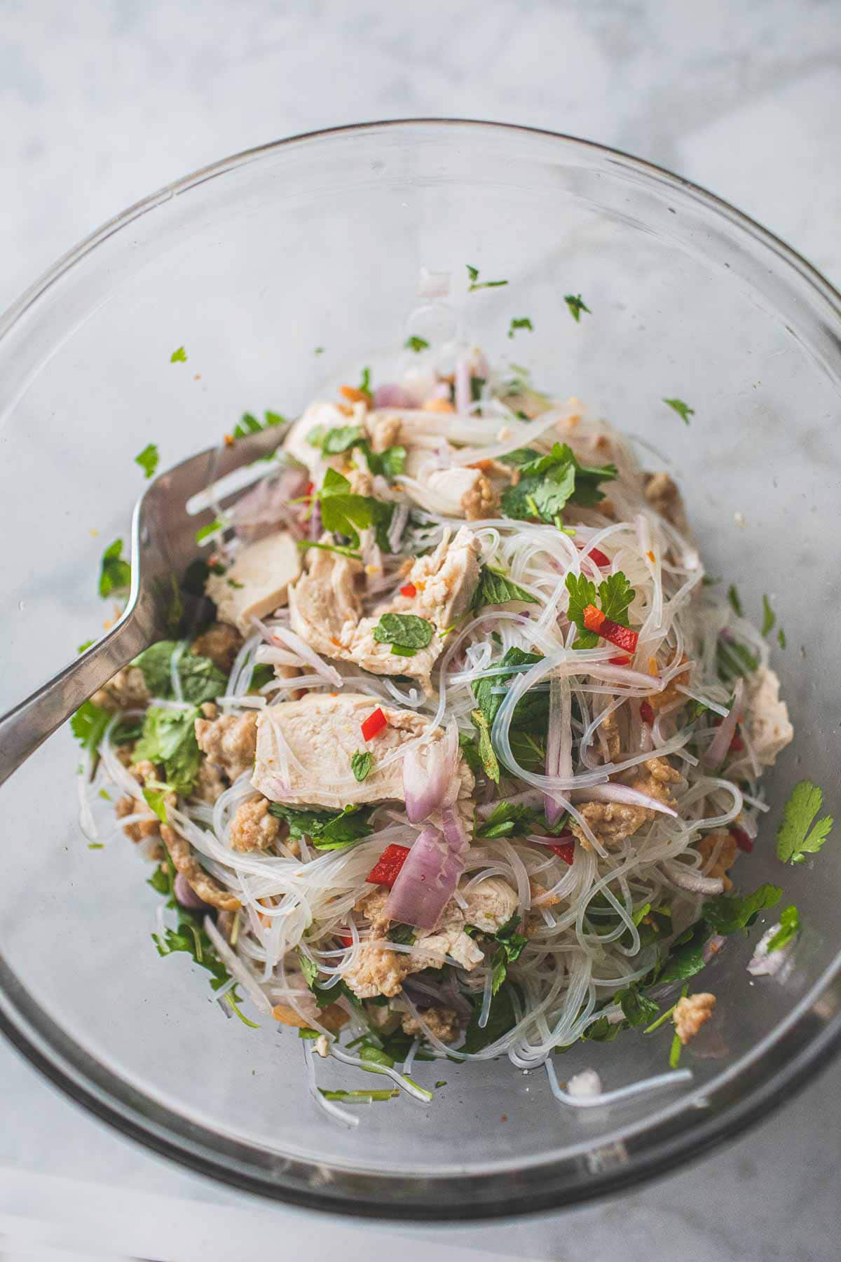 Asian glass noodle salad in a bowl.