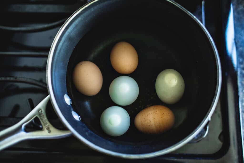 boiled eggs in a pot.