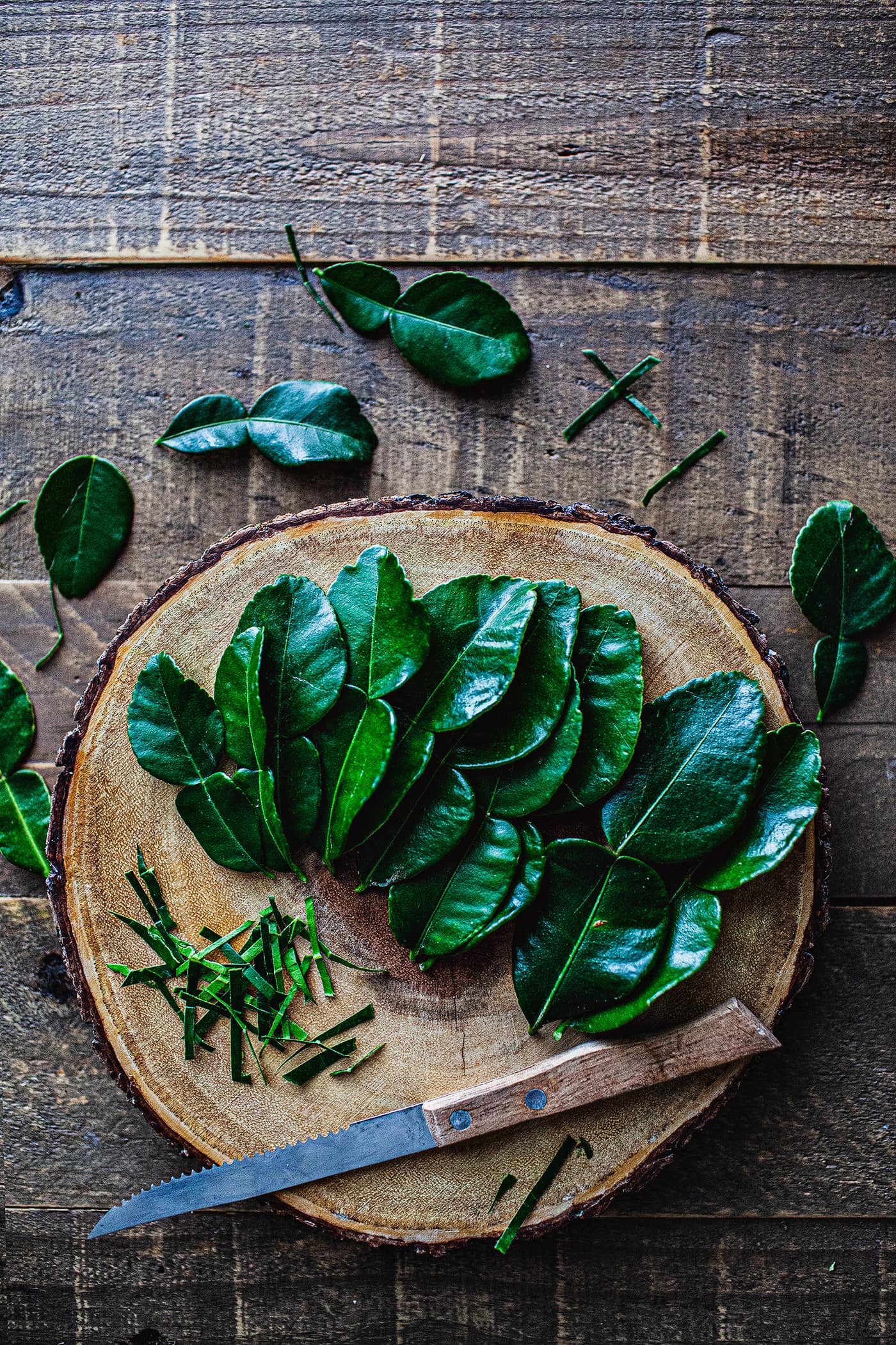 Markrut or Kaffir lime leaves on a cutting board