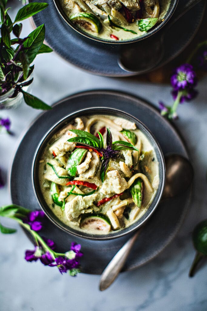 Thai green curry in a small bowl.