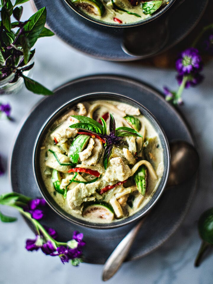 Thai green curry in a small bowl.