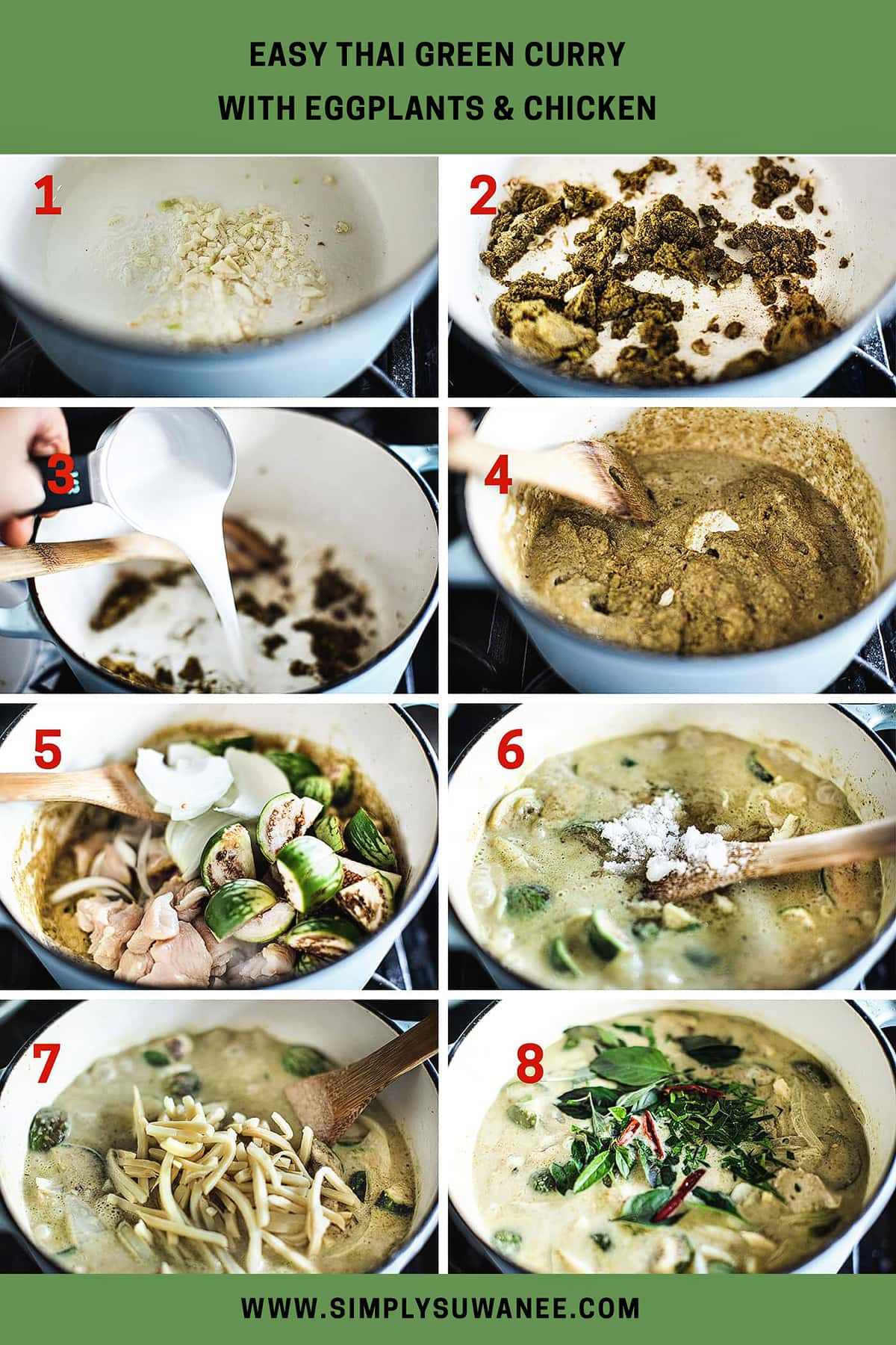 Steps 1-8 to make Thai green curry. 